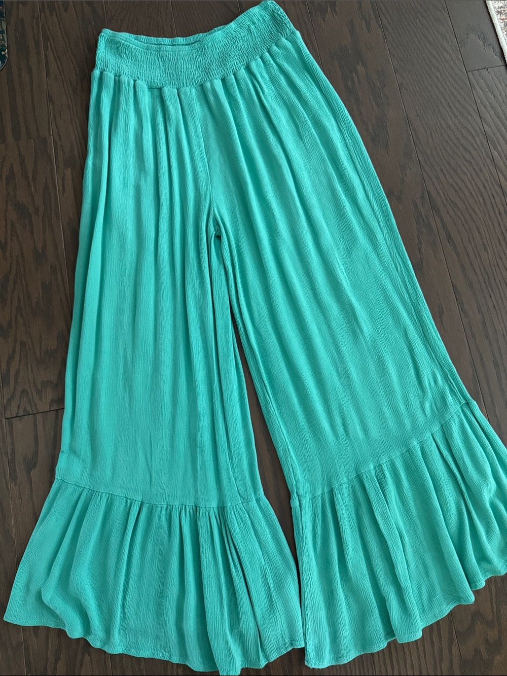 Turquoise - Green Ruffled Pull-On Pants with Elastic Waist